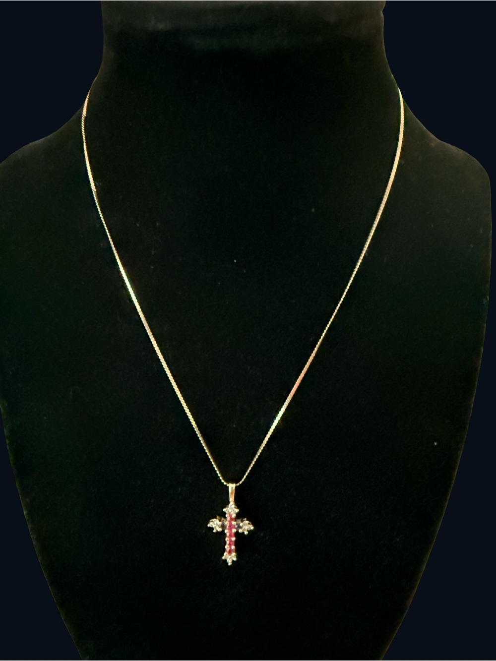 14k solid gold necklace and Gold Cross Pendant with Red and clear Gem Accents 4g